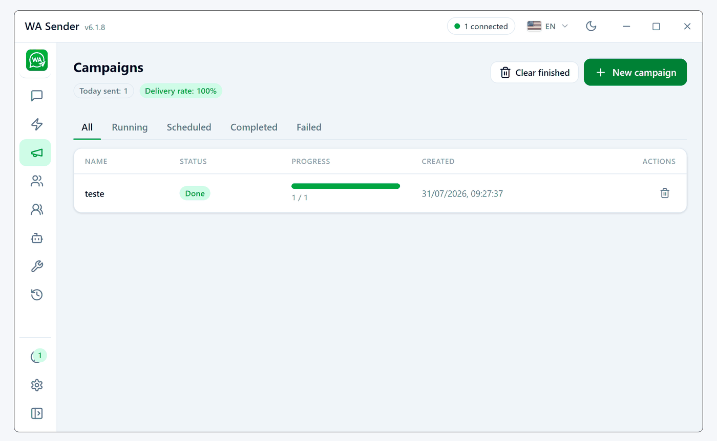 WA Sender software dashboard with quick actions to start a campaign and import contacts