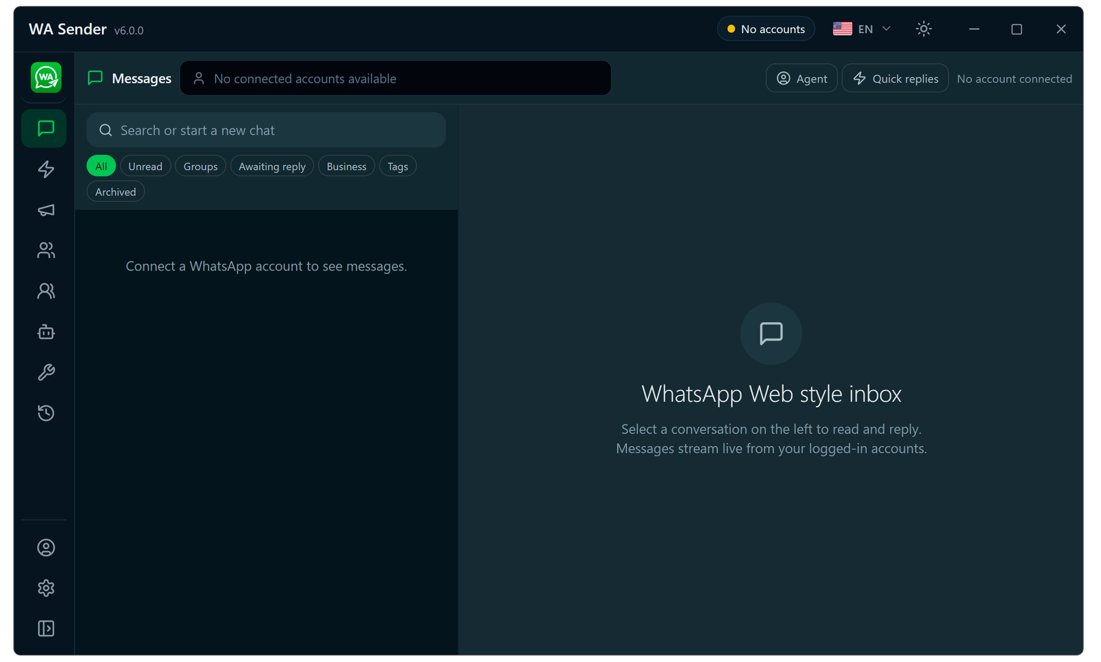 WA Sender software inbox showing sent WhatsApp campaign messages and delivery status