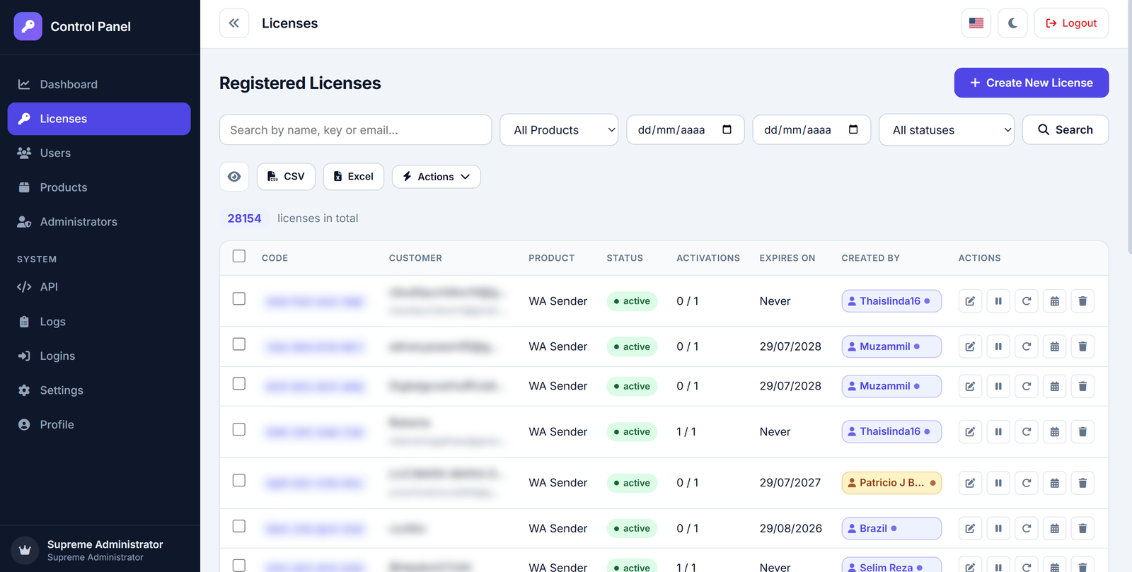 WA Sender online license panel for generating and managing client licenses